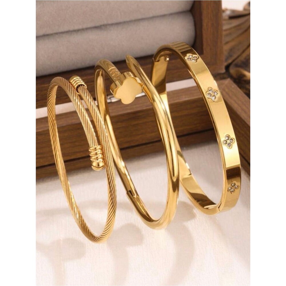 Set of 3 pcs Gold Tone Bracelet Set Titanium Steel